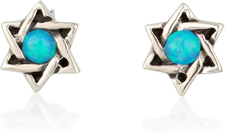 Star of David Stud Earrings with Blue Opal – 925 Sterling Silver – 0.38"