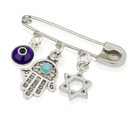 Spiritual baby Safety Pin with Charms – 925 Sterling Silver – 3 Unique Designs – 1.3"