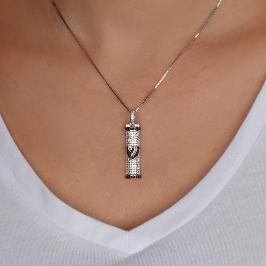 Sparkling Mezuzah Necklace with Shin Letter – 925 Sterling Silver – Two Color Options