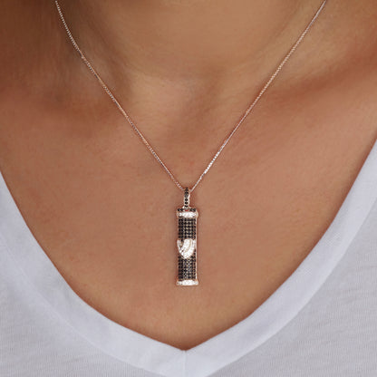 Sparkling Mezuzah Necklace with Shin Letter – 925 Sterling Silver – Two Color Options