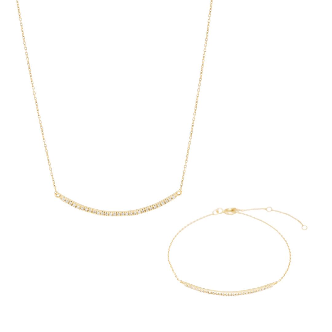 Curved CZ Bar Jewelry Set – 925 Sterling Silver with 14K Gold Plating