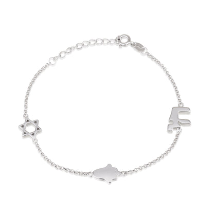 925 Sterling Silver Bracelet with Star of David, Hamsa & Chai Symbols