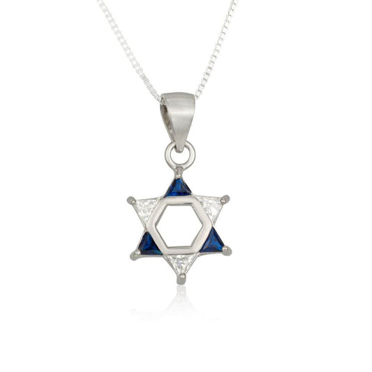 Sterling silver Star of David necklace with blue and white zircon stones