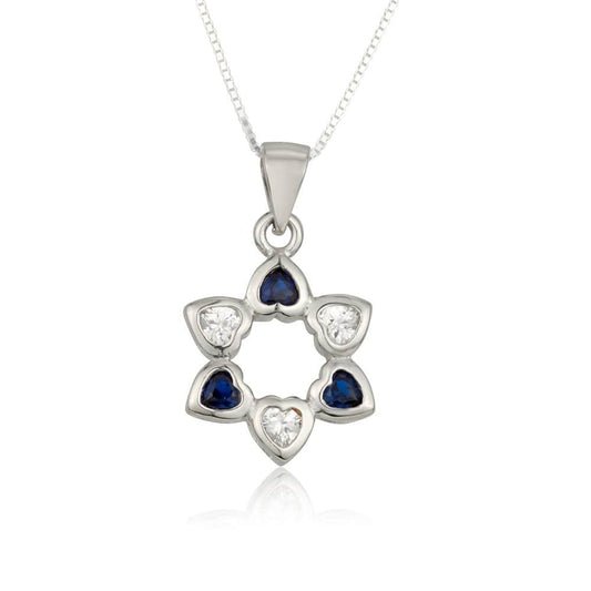 Sterling silver heart Star of David necklace with zircon stones in blue and white