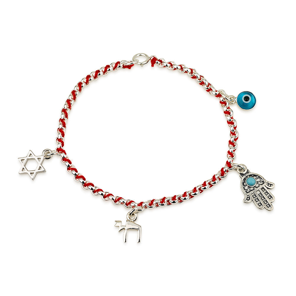 Red Kabbalah Cord Bracelet – Sterling Silver Charms – Star of David, Hamsa, Chai & Evil Eye