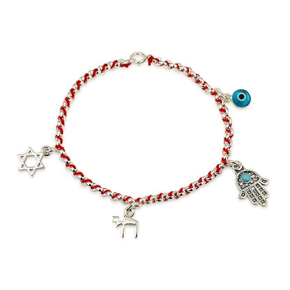 Red Kabbalah Cord Bracelet – Sterling Silver Charms – Star of David, Hamsa, Chai & Evil Eye