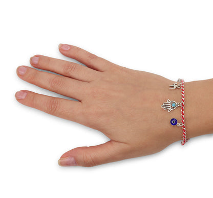 Red Kabbalah Cord Bracelet – Sterling Silver Charms – Star of David, Hamsa, Chai & Evil Eye