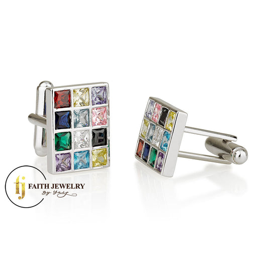 925 Sterling Silver Hoshen Cufflinks with Colorful Zircon Stones – Rhodium Plated Pair