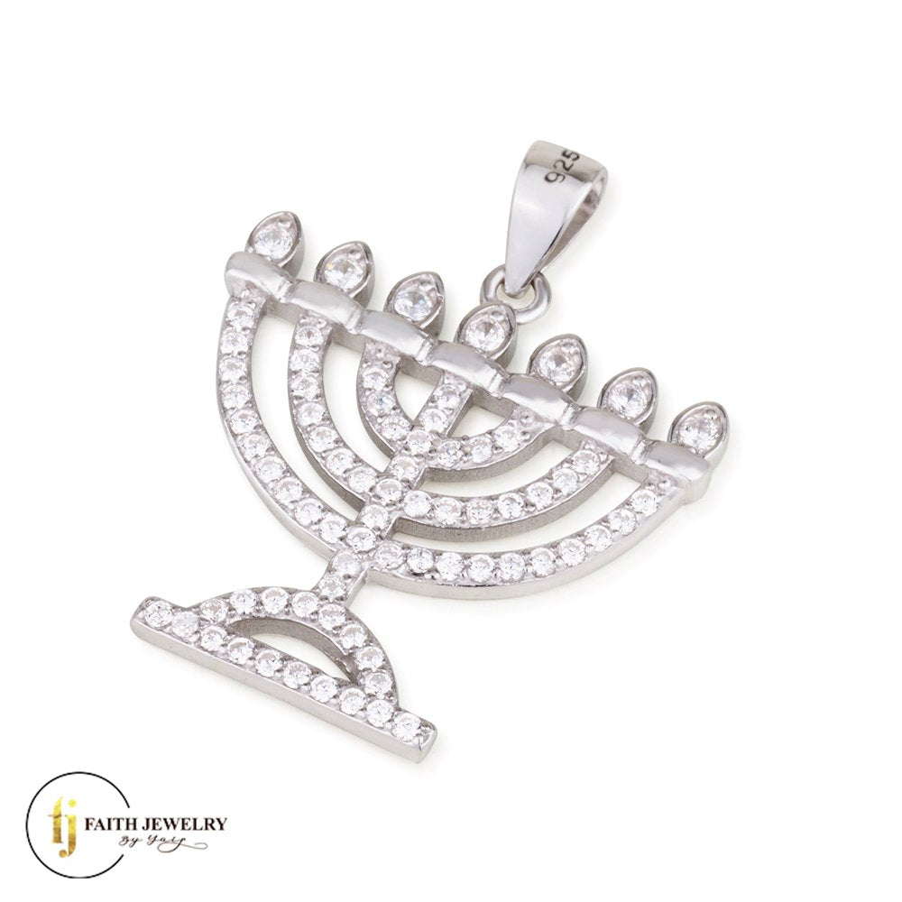 Menorah Necklace with Zircon Stones in Sterling Silver