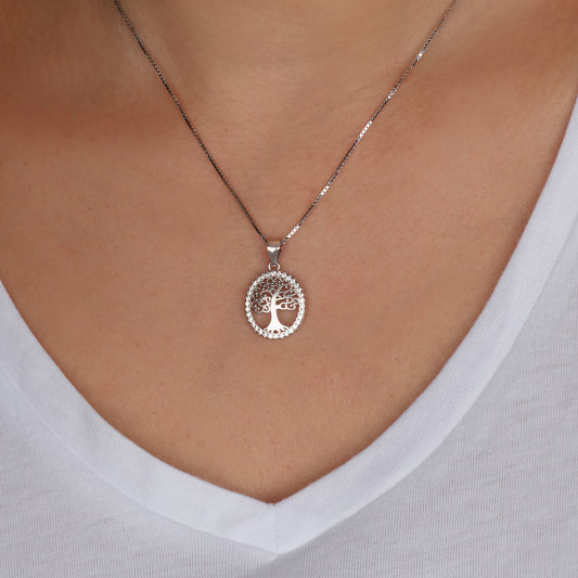 Tree of Life Pendant – CZ Border – 925 Sterling Silver