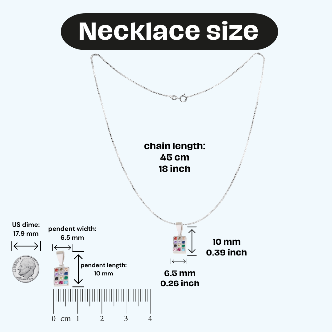 Necklace size diagram showing a silver chain necklace with a small rectangular pendant featuring multicolored stones. The image includes labeled dimensions for the chain length, pendant width, and pendant length, plus a dime scale reference on a light blue background.