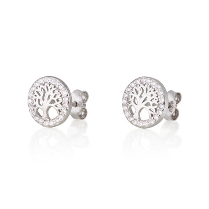 Tree of Life Stud Earrings – White or Multicolor CZ – 925 Sterling Silver