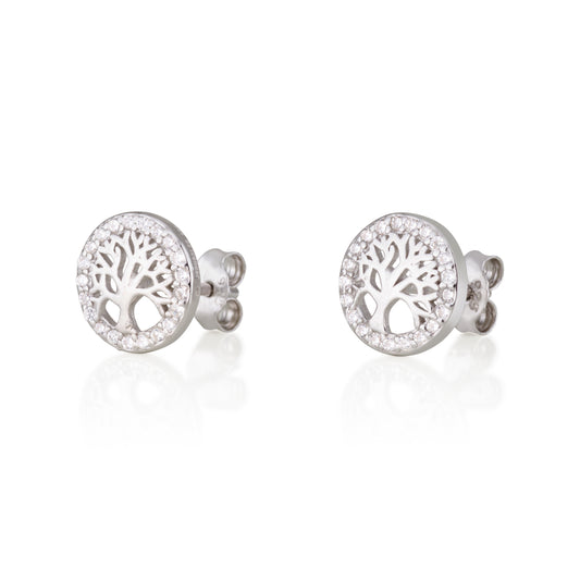 Tree of Life Stud Earrings – White or Multicolor CZ – 925 Sterling Silver