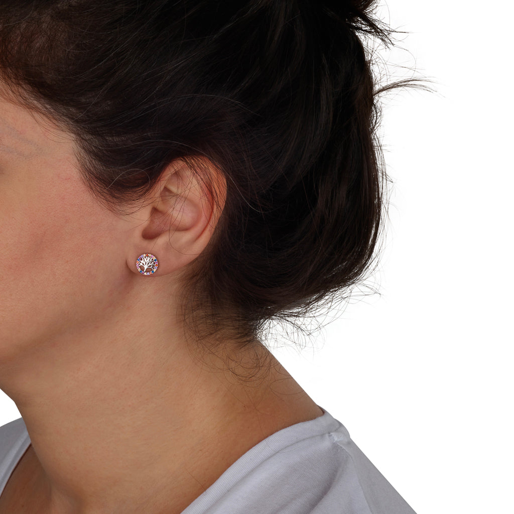 Tree of Life Stud Earrings – White or Multicolor CZ – 925 Sterling Silver