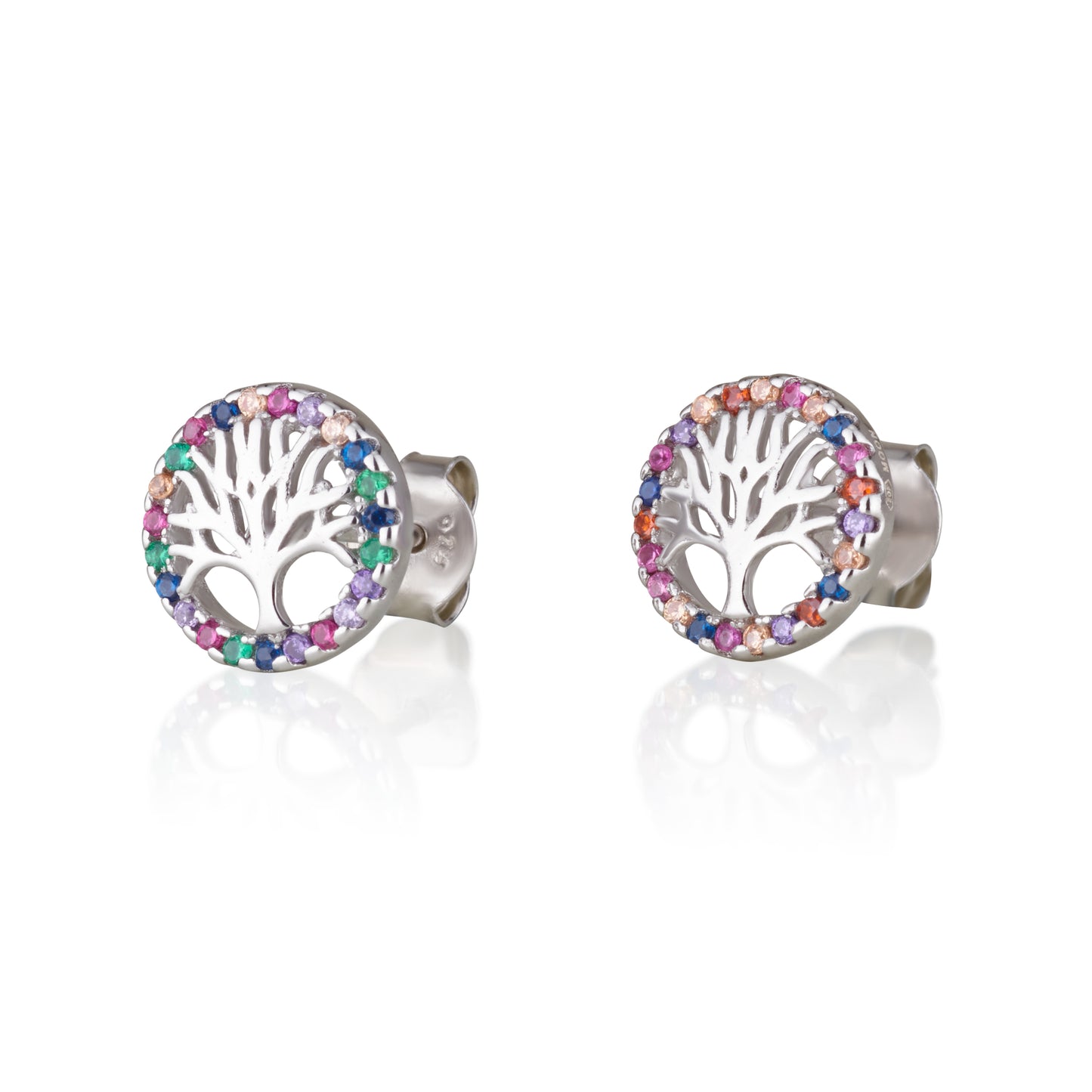 Tree of Life Stud Earrings – White or Multicolor CZ – 925 Sterling Silver