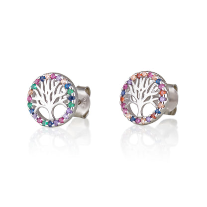 Tree of Life Stud Earrings – White or Multicolor CZ – 925 Sterling Silver