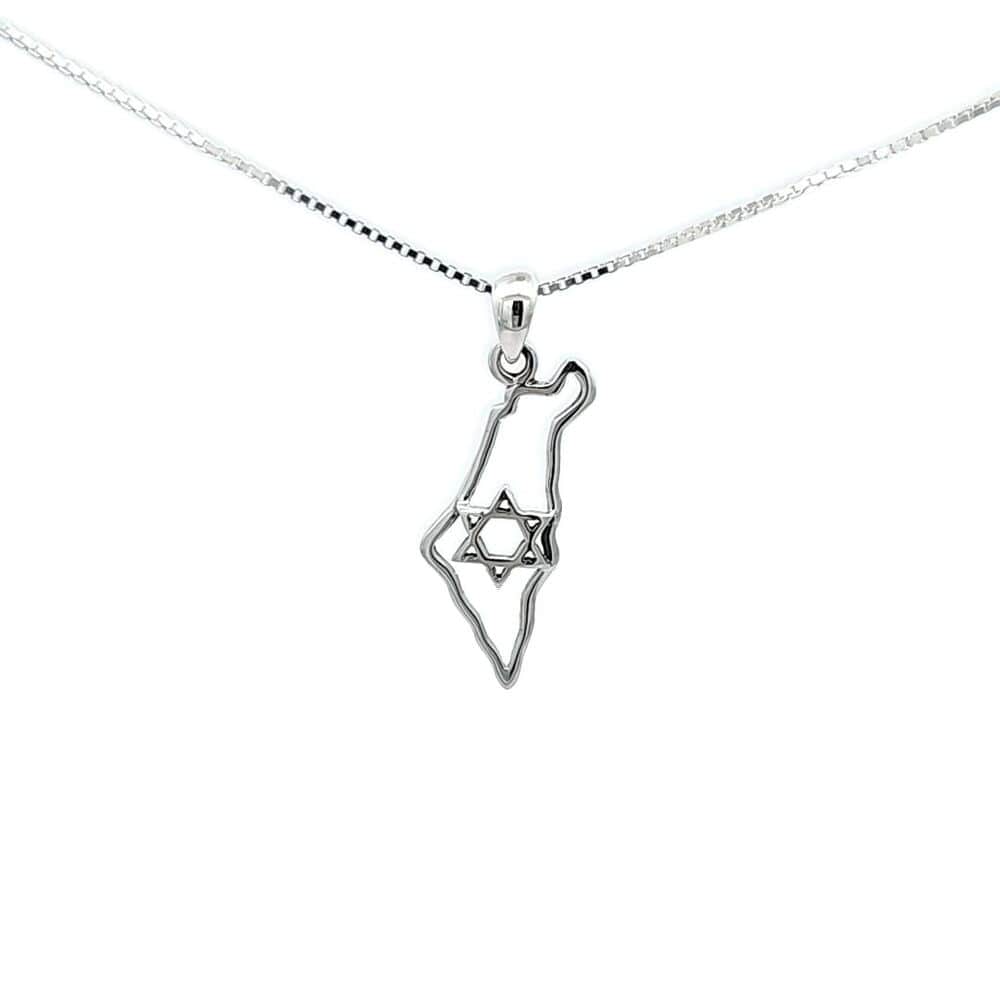Open Outline Israel Map Necklace with Star of David – 925 Sterling Silver Pendant with Chain