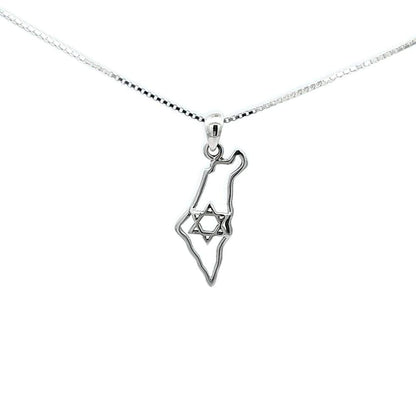 Open Outline Israel Map Necklace with Star of David – 925 Sterling Silver Pendant with Chain