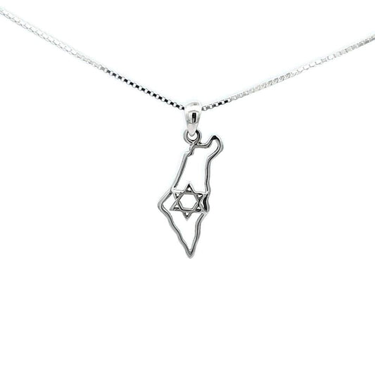 Open Outline Israel Map Necklace with Star of David – 925 Sterling Silver Pendant with Chain