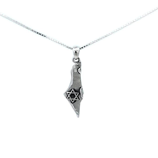 Israel Map Pendant with Star of David – 925 Sterling Silver Necklace – Textured Finish