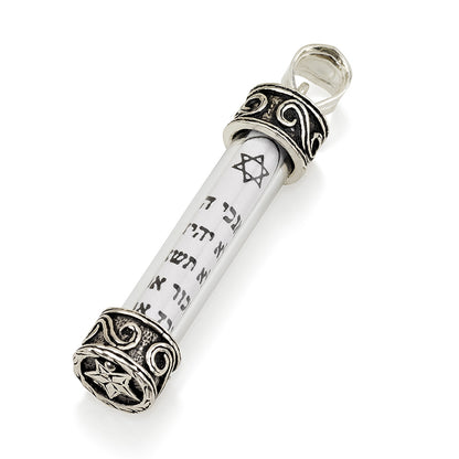 925 Sterling Silver Mezuzah Necklace – Ten Commandments Scroll – Star of David – 1.47" Pendant with 18+2" Chain