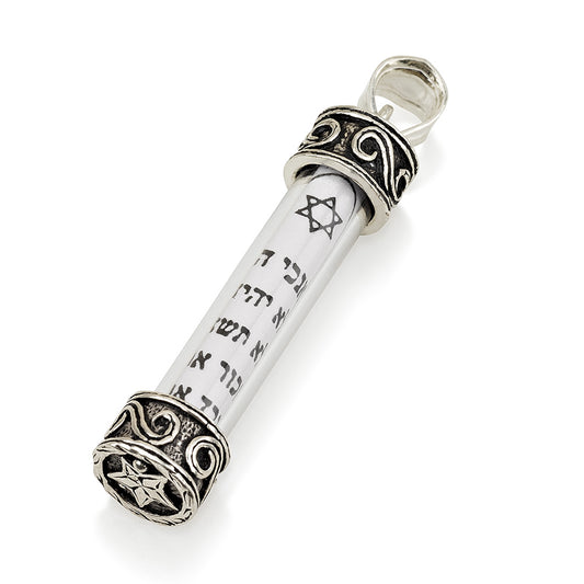925 Sterling Silver Mezuzah Necklace – Ten Commandments Scroll – Star of David – 1.47" Pendant with 18+2" Chain