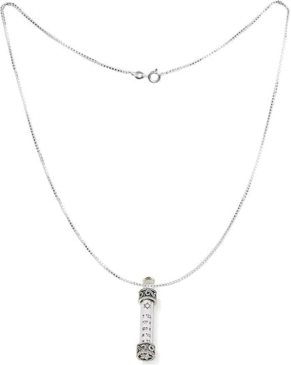 925 Sterling Silver Mezuzah Necklace – Ten Commandments Scroll – Star of David – 1.47" Pendant with 18+2" Chain