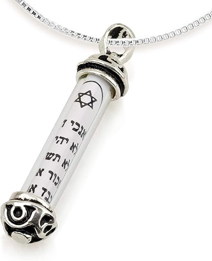 Sterling Silver Mezuzah Necklace with Star of David – Decorative 10 Commandments Scroll – Includes 18"+2" Chain