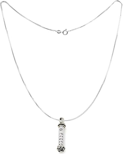 Sterling Silver Mezuzah Necklace with Star of David – Decorative 10 Commandments Scroll – Includes 18"+2" Chain