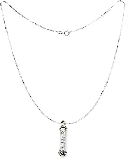Sterling Silver Mezuzah Necklace with Star of David – Decorative 10 Commandments Scroll – Includes 18"+2" Chain