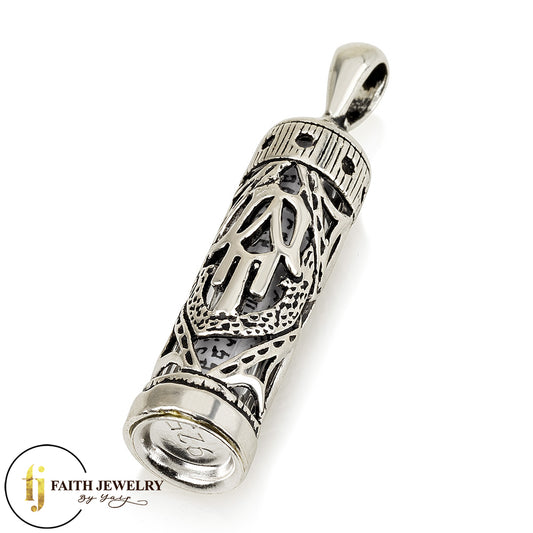 Filigree Mezuzah Necklace with Hamsa – 925 Sterling Silver – Rhodium Plated – 1.14" Pendant