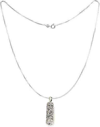 Filigree Mezuzah Necklace with Hamsa – 925 Sterling Silver – Rhodium Plated – 1.14" Pendant