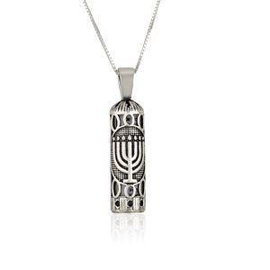 Menorah Mezuzah Necklace – 925 Sterling Silver – Rhodium Plated – 0.8" Pendant with Chain