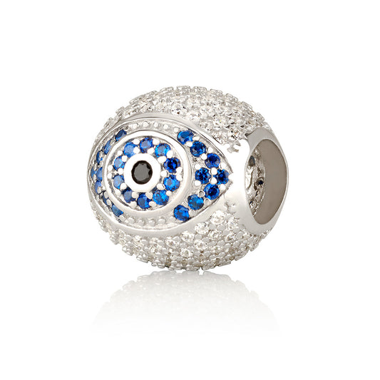 Evil Eye Oval Charm Bead – 925 Sterling Silver & Blue CZ – 10 mm