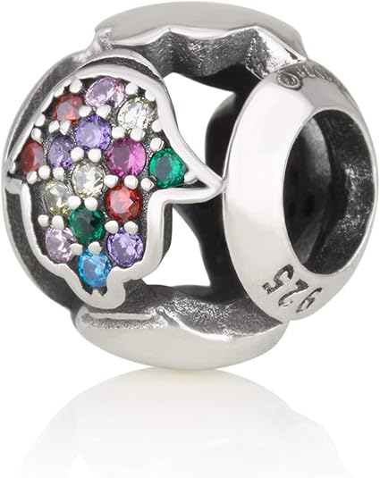 Hamsa Charm – 925 Sterling Silver – Choose White or Multicolor CZ – Spiritual Protection Bead