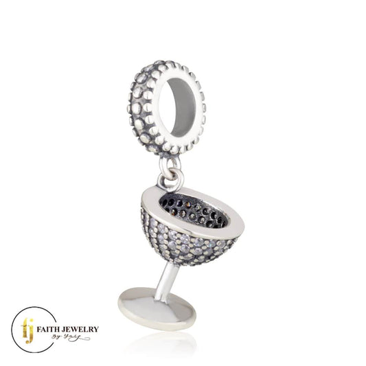 Wine Goblet Charm – 925 Sterling Silver with CZ – Symbol of Abundance