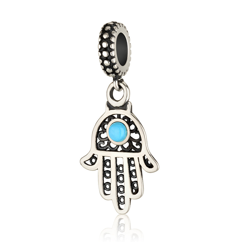 Hamsa Hand Charm with Turquoise Stone – 925 Sterling Silver – Fits Most Bracelets – 0.59"