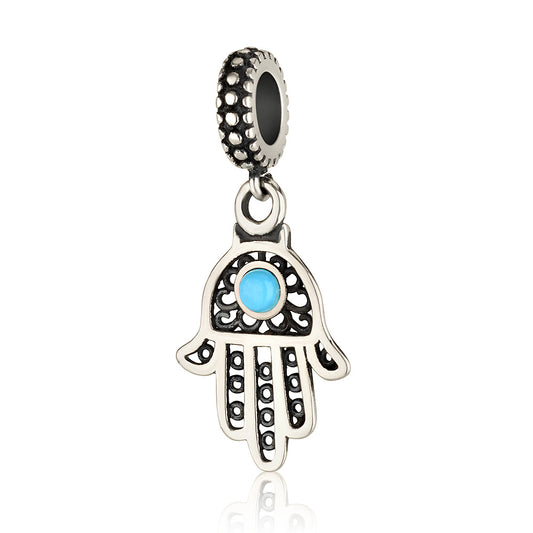 Hamsa Hand Charm with Turquoise Stone – 925 Sterling Silver – Fits Most Bracelets – 0.59"