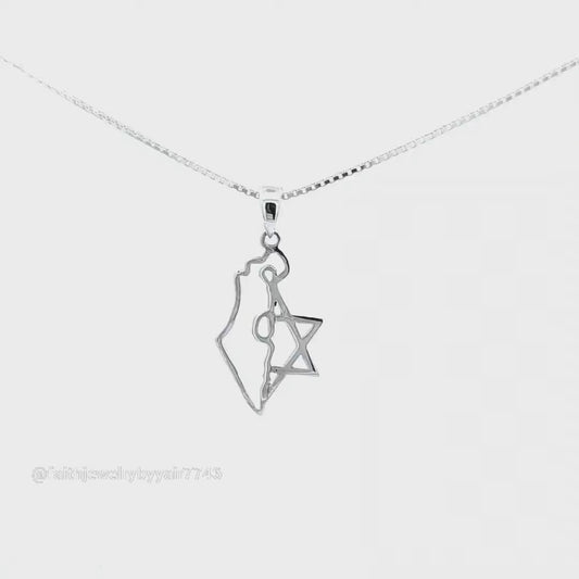 Map of Israel and Star of David Necklace – 925 Sterling Silver – Patriotic Pendant