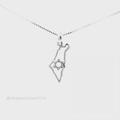 Open Outline Israel Map Necklace with Star of David – 925 Sterling Silver Pendant with Chain
