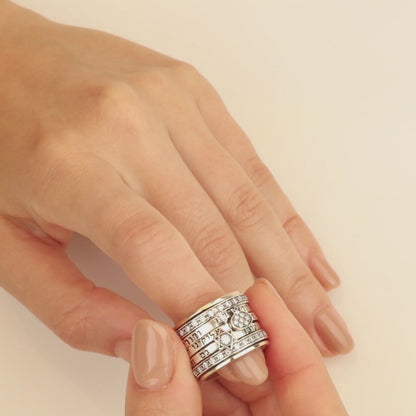 Wide Triple Blessing Spinner Ring – 925 Sterling Silver & 9K Gold – Heart Cut Interior