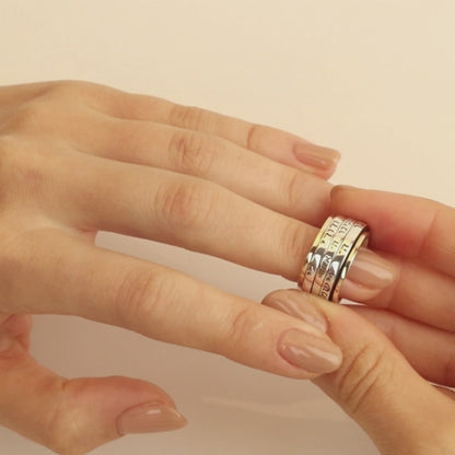 Triple Blessing Spinner Ring – 925 Sterling Silver & 9K Gold – Hebrew Engraved Band