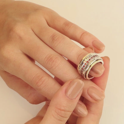 Blessing Spinner Ring – “I Am My Beloved’s” & “Hear O Israel” – 925 Silver, 9K Gold & Garnet Stones