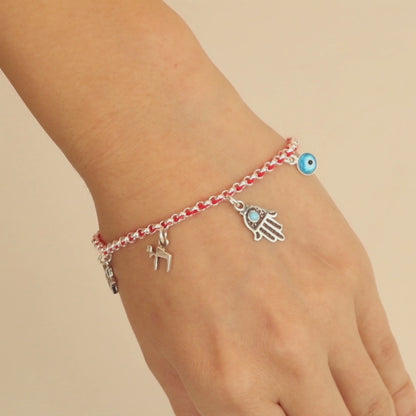 Red Kabbalah Cord Bracelet – Sterling Silver Charms – Star of David, Hamsa, Chai & Evil Eye