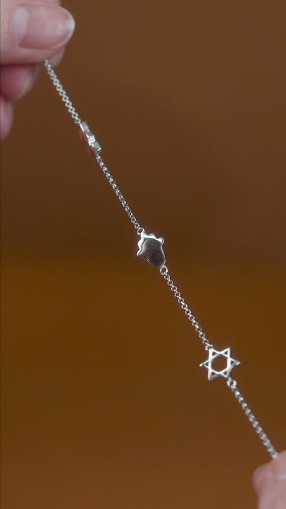 925 Sterling Silver Bracelet with Star of David, Hamsa & Chai Symbols