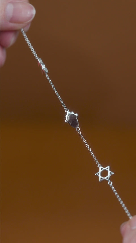 925 Sterling Silver Bracelet with Star of David, Hamsa & Chai Symbols