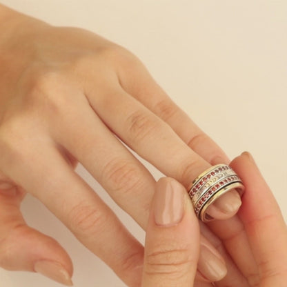 Shema Yisrael Spinner Ring – Garnet Cubic Zirconia – 925 Sterling Silver & 9K Gold