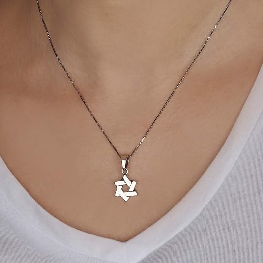 Star of David Necklace – 925 Sterling Silver Rhodium – Interwoven Design – 0.7"