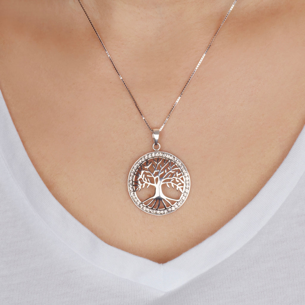Large Tree of Life Necklace – 925 Sterling Silver Rhodium – 3 Zircon Colors – 21 mm Round Pendant