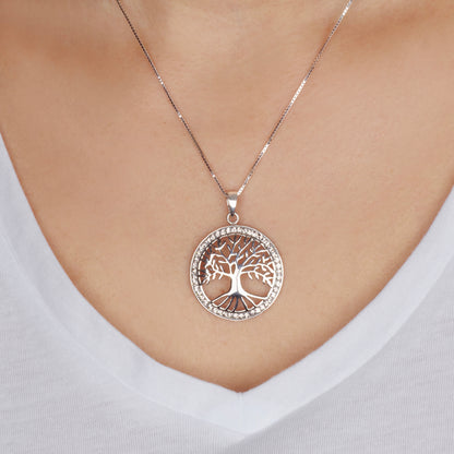 Large Tree of Life Necklace – 925 Sterling Silver Rhodium – 3 Zircon Colors – 21 mm Round Pendant
